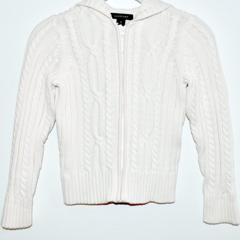 Lands' End Cable Knit Hooded Sweater in Cream - Small